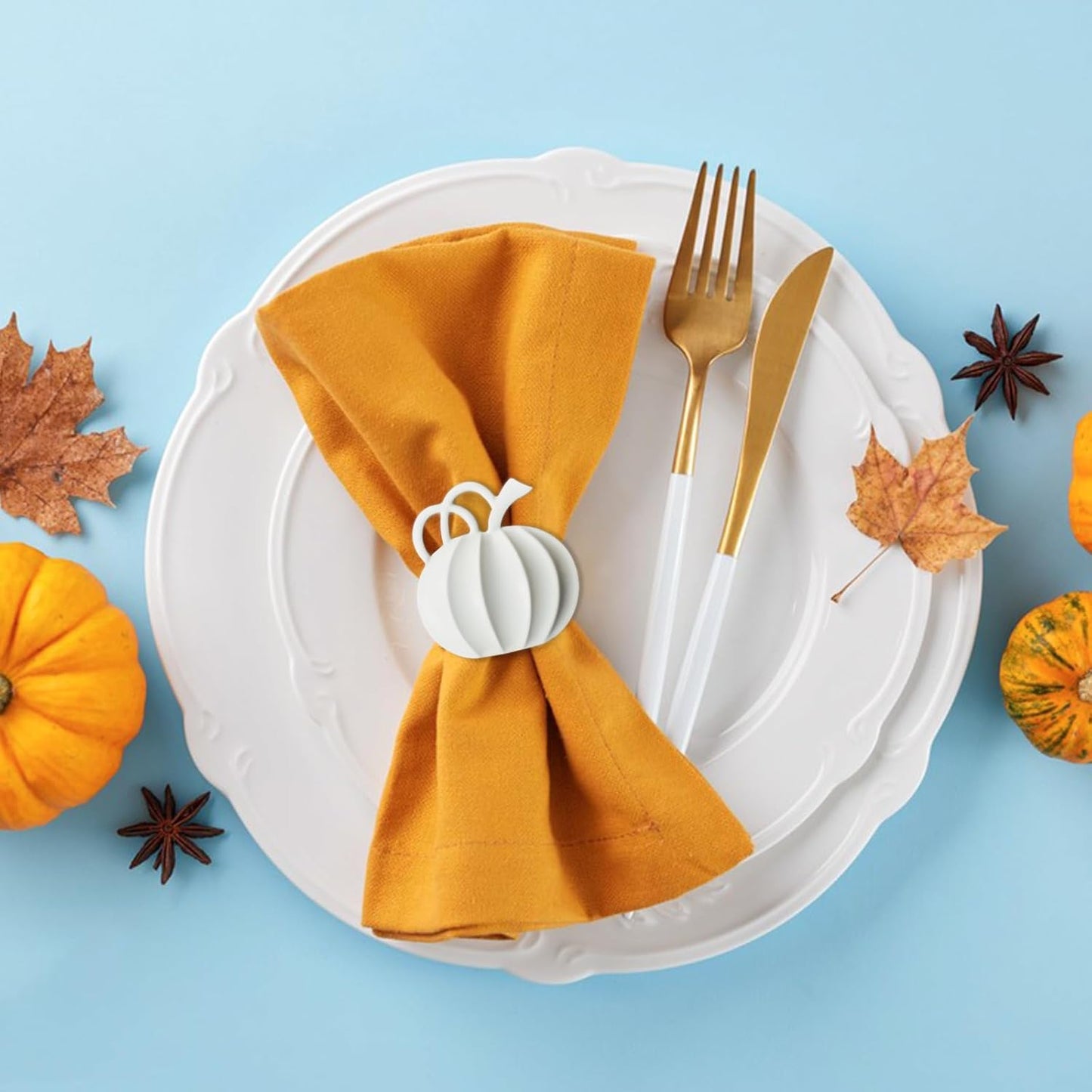 Halatool Thanksgiving Pumpkin Napkin Rings Set of 12, Alloy Fall Napkin Rings Dinner Tables Holders for Thanksgiving Halloween Weddings Holidays Gathering Dinner Party (White)