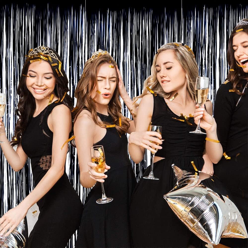 BEISHIDA 4 Pcs Black Door Streamers Tinsel Curtain Party Streamers Backdrop Fringe Foil Wall Background for Birthday Halloween Christmas Wedding Party Decoration(3.28 ft x 6.56 ft)