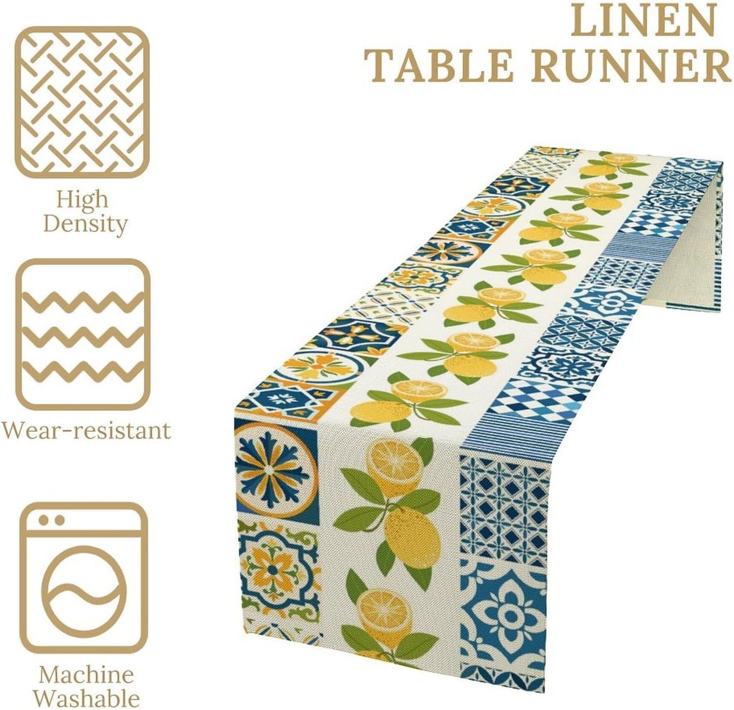 Lemon Table Runner,Watercolor Blue Fruits Green Leaves Print Table Cloth Kitchen Dining Table Home Party Decoration 13x60 Inch