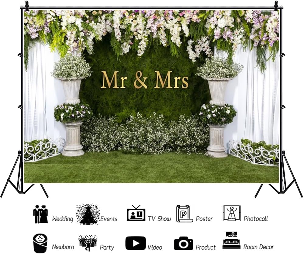 Wedding Arch Flower Backdrop - 10x8ft Mr & Mrs Engagement & Anniversary Photography & Bridal Shower Background