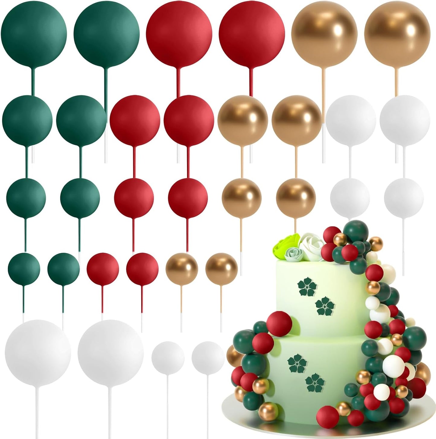 ASTARON 32 Pcs Ball Cake Topper Christmas Decorations Mini Balloons Sticks Foam Balls Cake Picks Cake Topper Balls Cake Decorations for Christmas Birthday Cake (Red Green Gold)