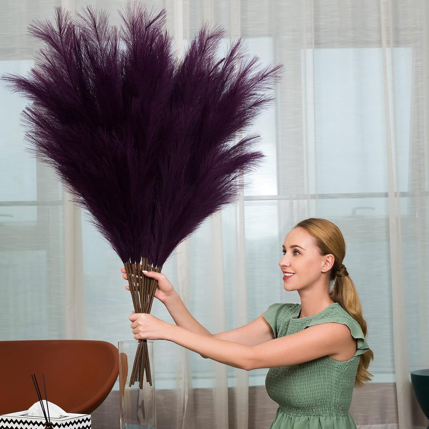 EVODIS Pampas Grass Decor Tall, 43"/110cm Faux Pampas Grass 6 Stems Large Pompass Grass Branches Tall Bulk Boho Flower Arrangement for Home Room Wedding Party Decor(Purple)