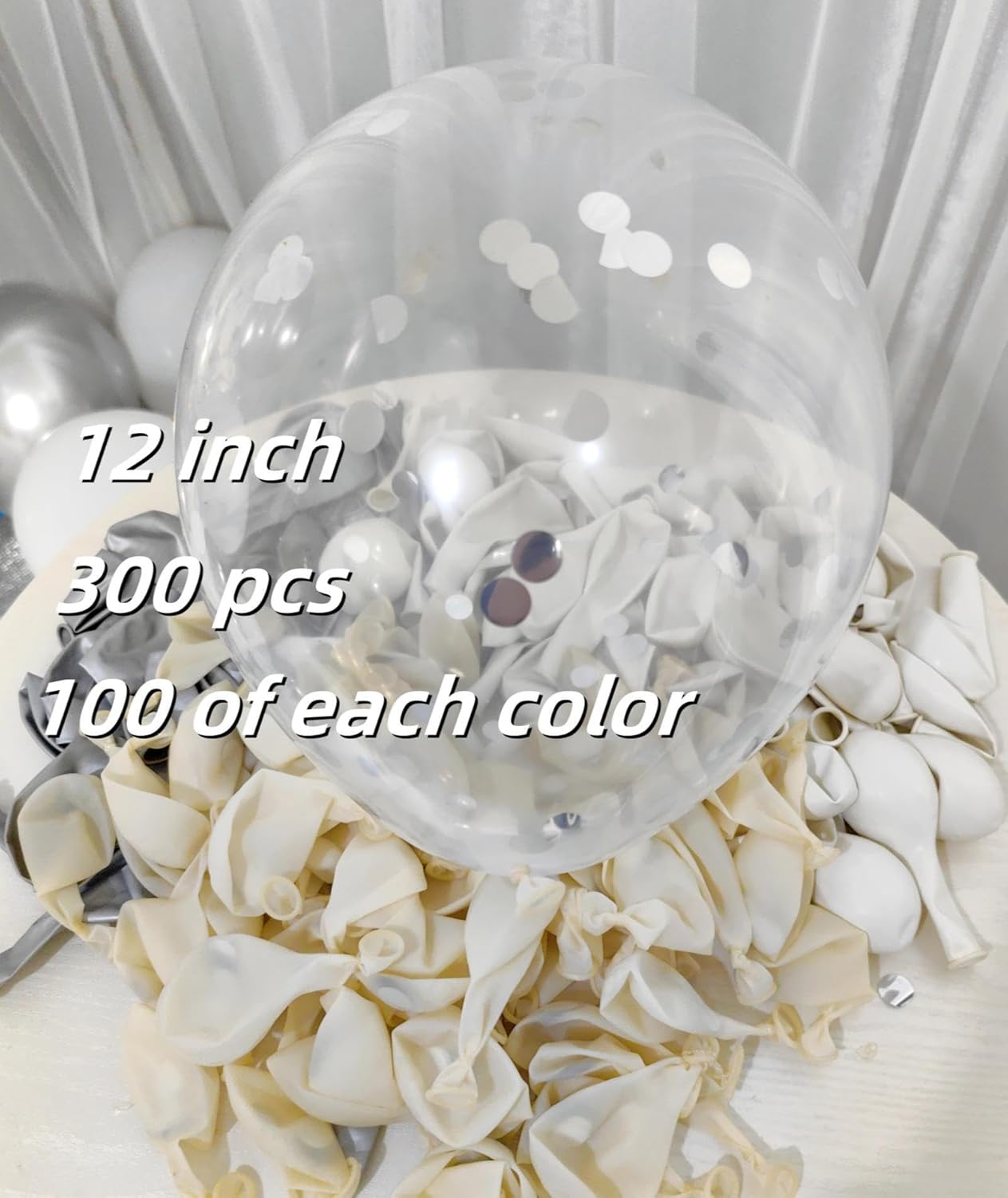 300 Pack White and Silver Balloons 12 Inch Silver Confetti Balloon for Various Party Events Decorations