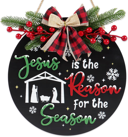 CHDITB Jesus is The Reason for The Season Front Door Sign Wreath(11.4"), Red Green Christmas Decoration Wall Hanging with Snowflakes Bow Berries, Wooden 3D Farmhouse Xmas Decor for Porch Indoor