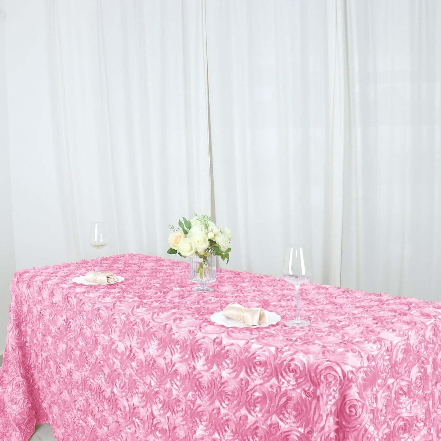 Efavormart 90"x132" Wholesale Rectangle Table Cover Pink Grandiose Rosette 3D Satin Tablecloth for Wedding Party Event Decoration