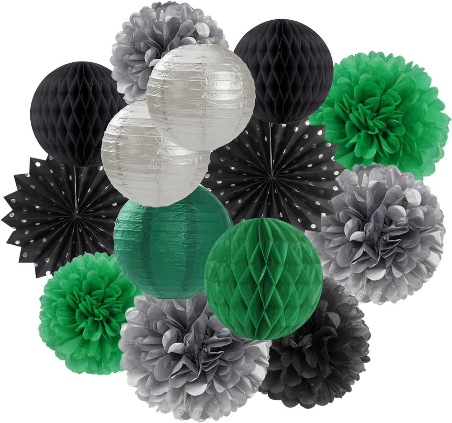 Black-Green Silver Party-Decorations Streamers Lanterns - 14pcs Graduation 2025 Paper Lanterns Fan,Tissue Pom Poms Streamer,Honeycomb Balls,Soccer Supplies Men Boys Birthday Baby Shower Decor Ouruola
