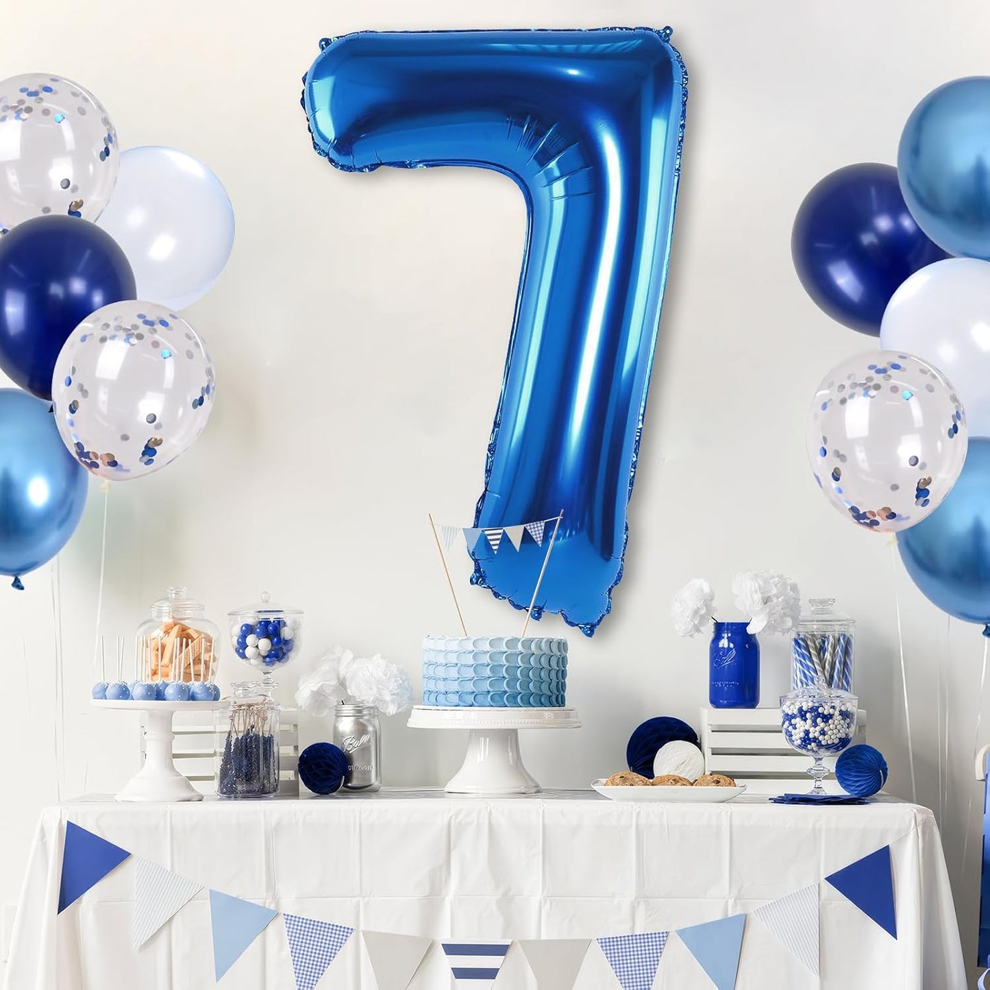 7 Balloon Number Dark Blue, Big Number 7 Mylar Balloon Pastel Navy Blue with Metallic Silver Confetti Balloon for Boys 7th Birthday, Foil 40'' Self Inflating Balloon 7 for Anniversary Party Decoration