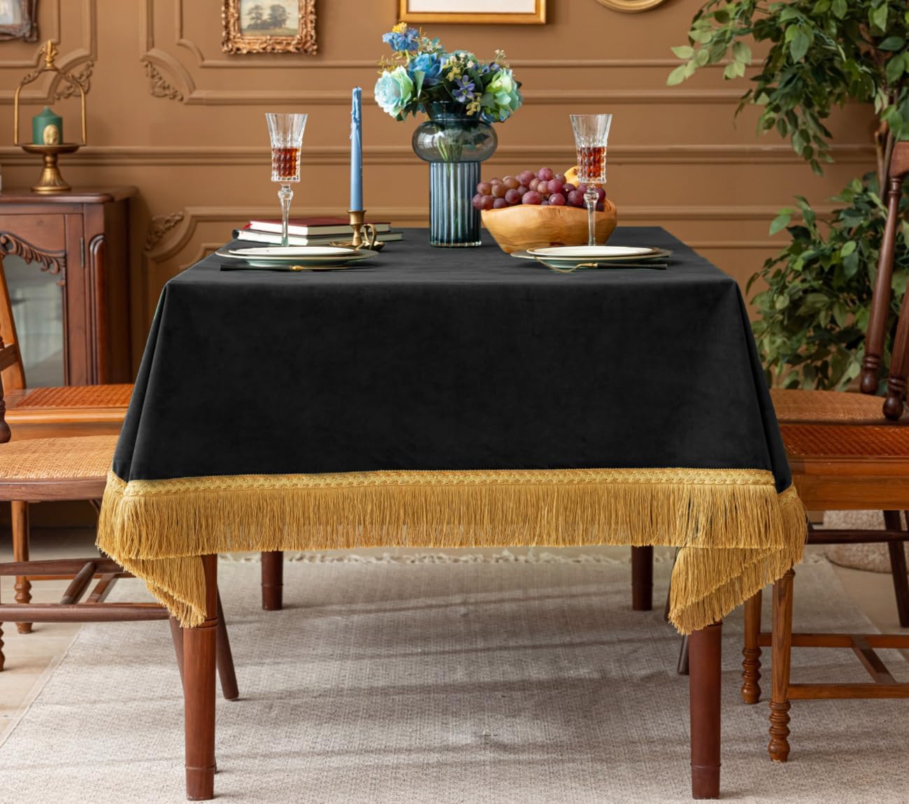 F-CHU Luxury Black Tablecloth Thickset Velvet Tablecloth with Beautiful Gold Tassels Vintage Table Cloth for Home Decor Wedding, Party, Banquet and Events 67x120-Inch