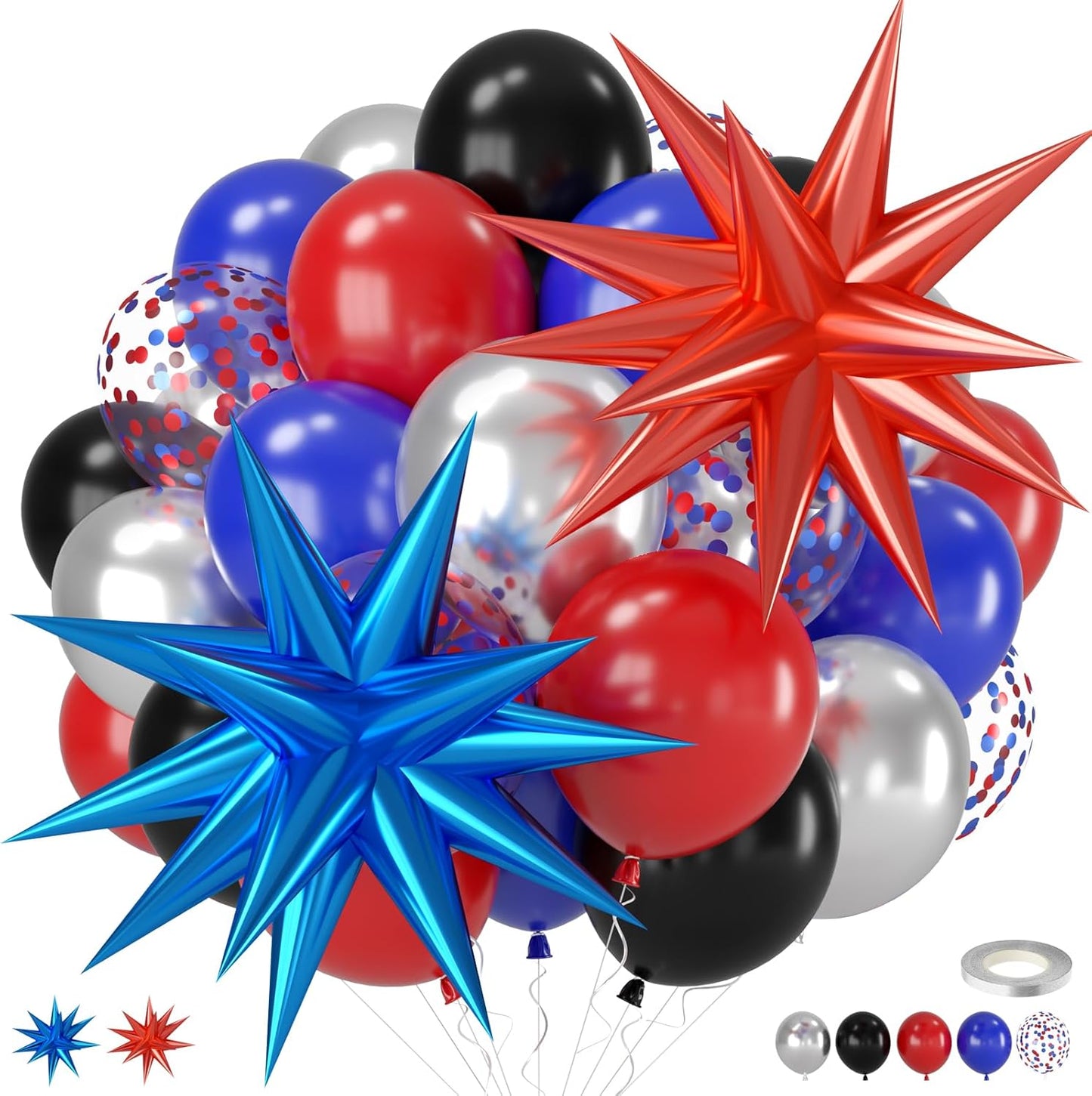 Red Blue Black Balloons, 12 Inch Black Red Royal Blue Metallic Silver Confetti Balloons with Star Foil Balloon for Man Boys Birthday Party Baby Shower Graduation Party Decoration
