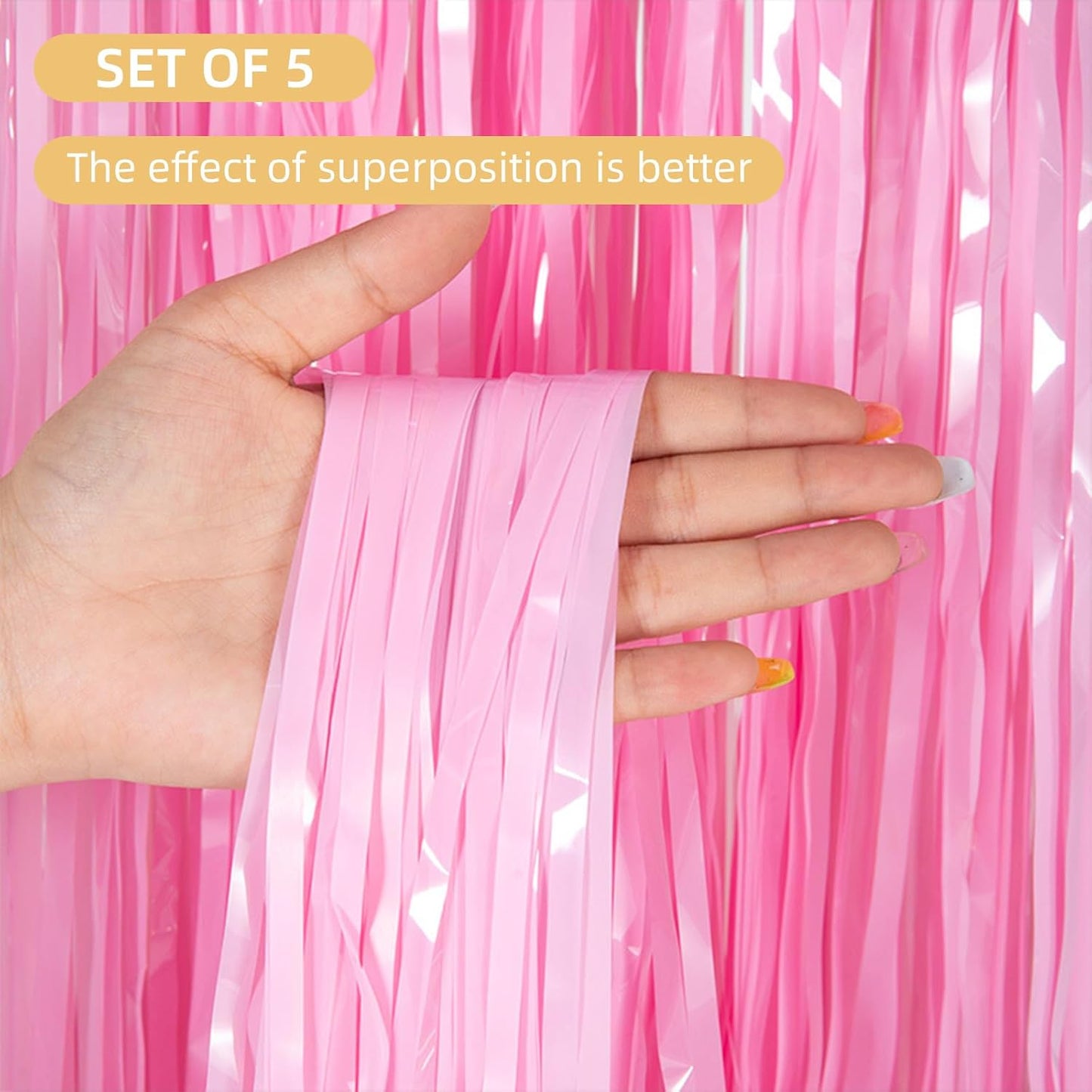 5 Pack Pink Foil Curtain Backdrop 3.2ft x 8.2ft Tinsel Foil Fringe Curtains Macaron Photo Booth Streamer Backdrop for Party Decorations Birthday Baby Shower Bachelorette Holiday Decor (Pastel Pink)