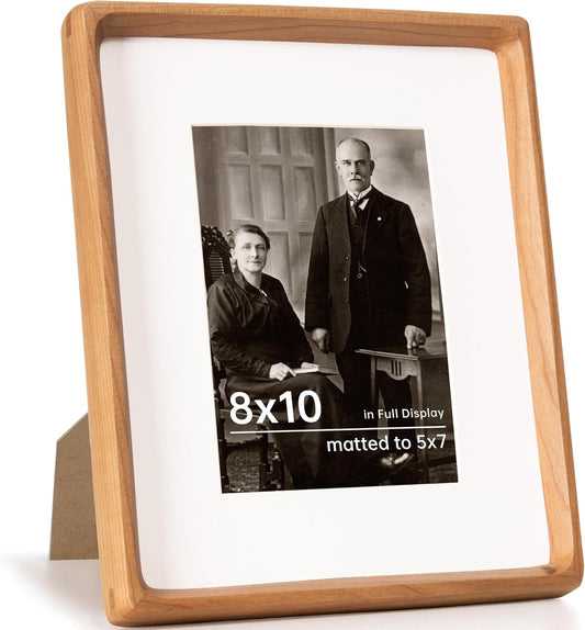 8x10 Picture Frame USA-Sourced Natural Cherry Wood Solid Original Wood Photo Frame Rounded Corner with Mat to 6x8 Picture Display with Real Glass Family Picture, Wedding Picture, Photo, Certificate