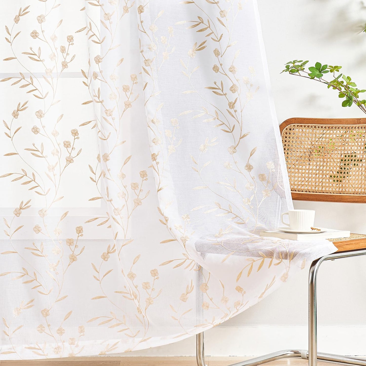 Sheer Curtains Embroidery 63 Inch Length White-Beige Rod Pocket Voile Drapes for Living room, Bedroom, Window Treatments Semi Flower Pattern Curtain Panels for Yard, Farmhouse, Set of 2, 52"x 63".