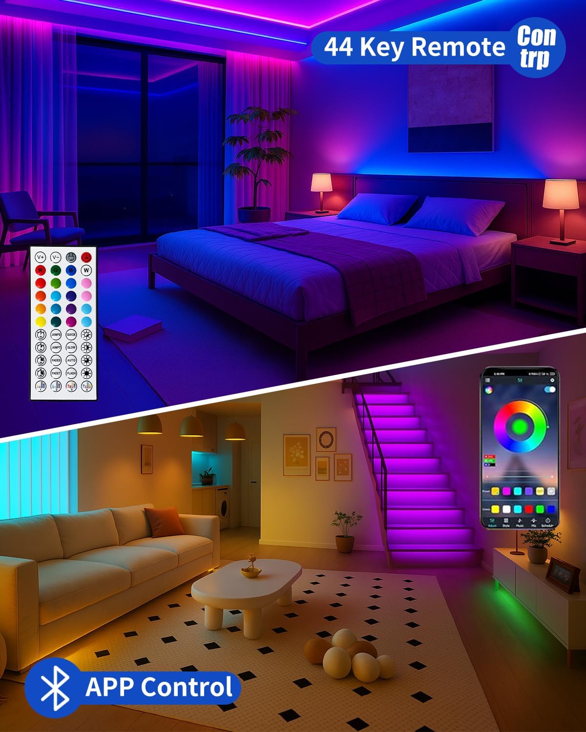 Smart LED Strip Lights 50FT for Bedroom App Control Lighting Bedroom Rome Decor with Remote, RGB Music Sync Color Changing LED Lights for Party,Game Room