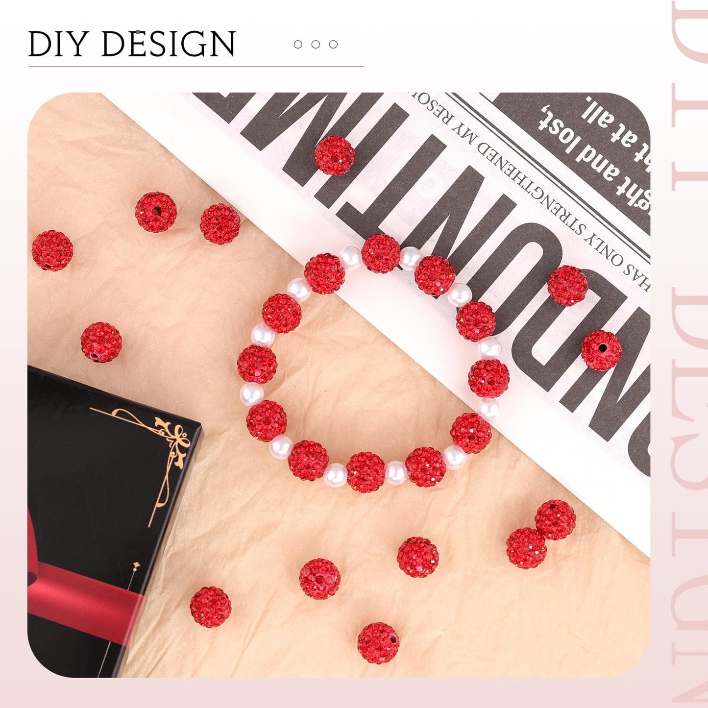 100 pcs 10mm Rhinestone Beads for Jewelry Making, Red Shiny Round Shamballa Disco Beads Bulk, Sparkle Crystal Clay Christmas for Bracelet Baseball Necklace Earring Crafting and DIY