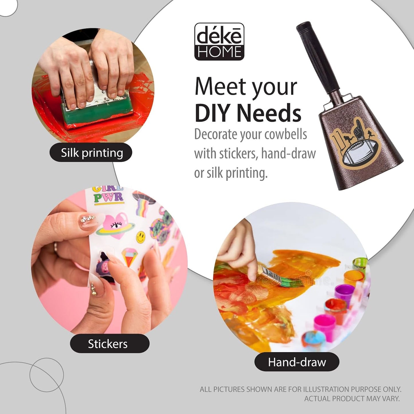 Deke Home - 2 Pack 7 Inch Steel Cowbells with Handle, Loud Noise Makers for Football, Sports, Parties, Competitions, School Spirit & Safety, Large Hand Bell for Cheering & Percussion Instrument