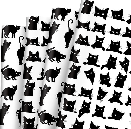 JarThenaAMCS 8 Sheets Cat Wrapping Paper - Not Roll - Cartoon Black Cat Gift Wrap Paper Folded Flat Decorative DIY Craft Art Paper for Halloween Birthday Holiday Party Supplies