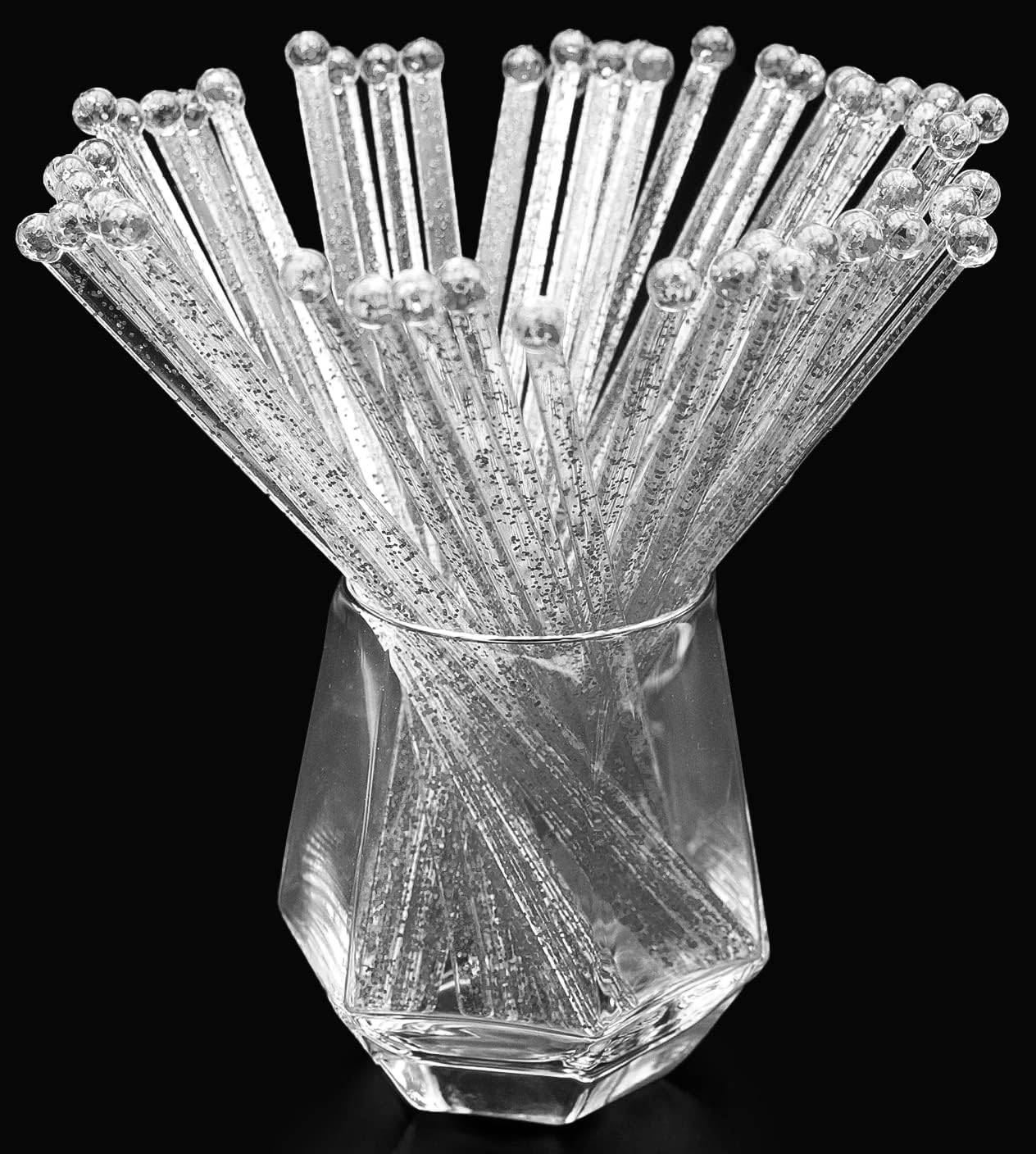 50-PCS Silver Glitter Plastic Swizzle Sticks, Crystal Cake Pops, Cocktail Coffee Drink Stirrers, Lolipop Stick, 7.24 Inch