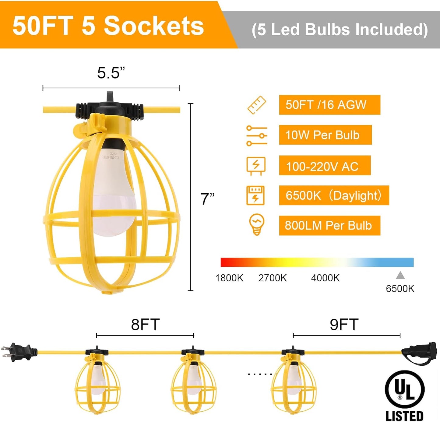 50FT Construction String Lights, 50W 5 Bulbs Work Lights with E26 Base, IP65 Waterproof, 4000LM 6500K Indoor & Outdoor Temporary Lighting for Workshop, Mine cave, Job Site