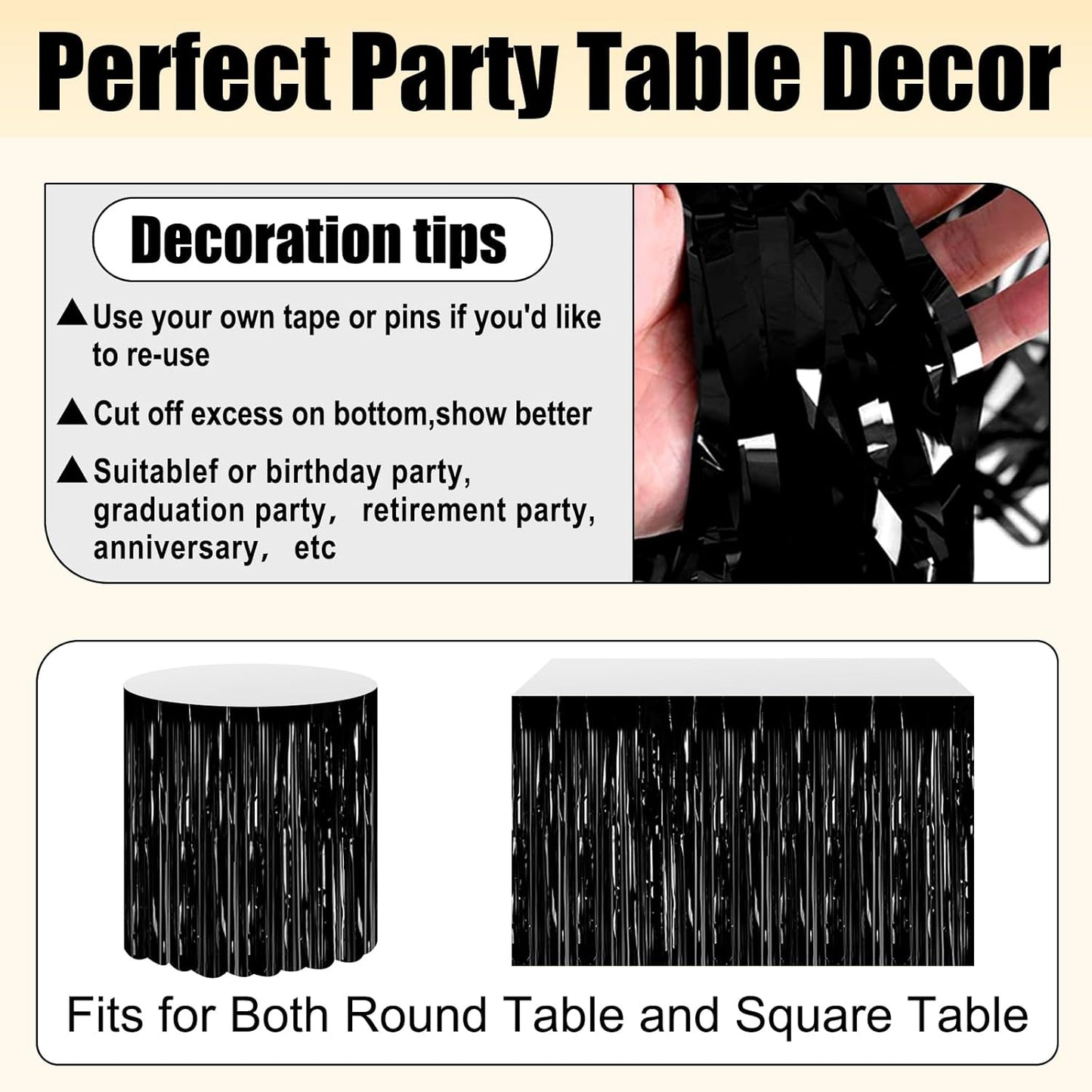 3 Pack 29x108 Inch Black Foil Fringe Table Skirts Metallic Banner for Tinsel Streamer Garland Backdrop for Parade Floats Wedding Thanksgiving Birthday Christmas Halloween Party Decoration
