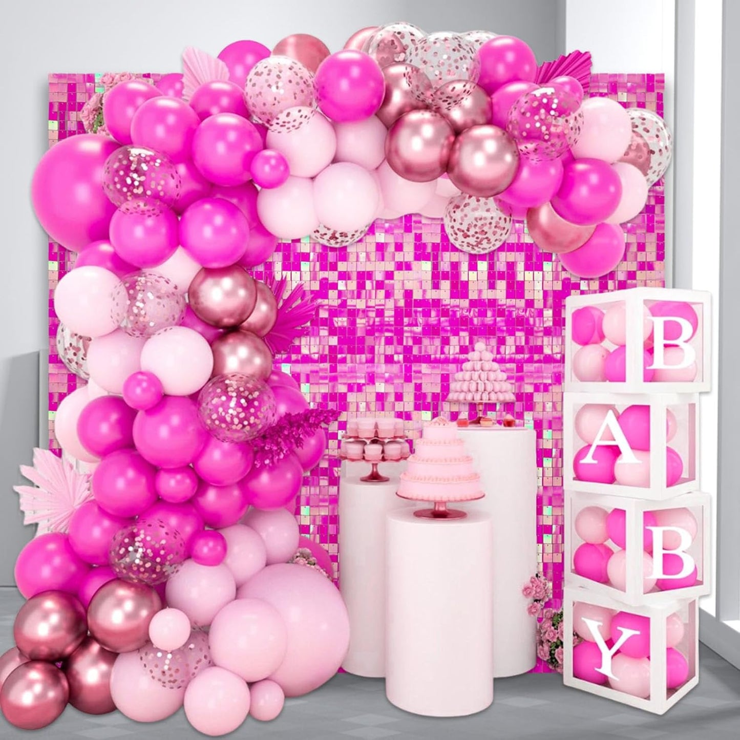 24PCS Colorful Pink Shimmer Wall Backdrop, Square Sequin Photo Backdrops Panel, Glitter Wall Background for Birthdays, Weddings, Christmas, Engagements, Disco Bachelorette Party Decoration (4FTx6FT)