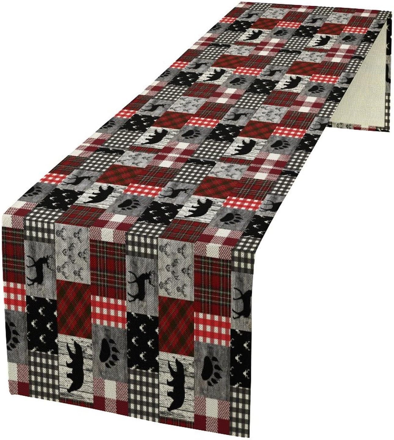 Rustic Farm Table Runner,Vintage Woodland Deer Bear Animal Buffalo Plaid Print Tablecloth Burlap for Hotel Indoors Outdoor Dining Room Kitchen Home Decor,W13X L108 in