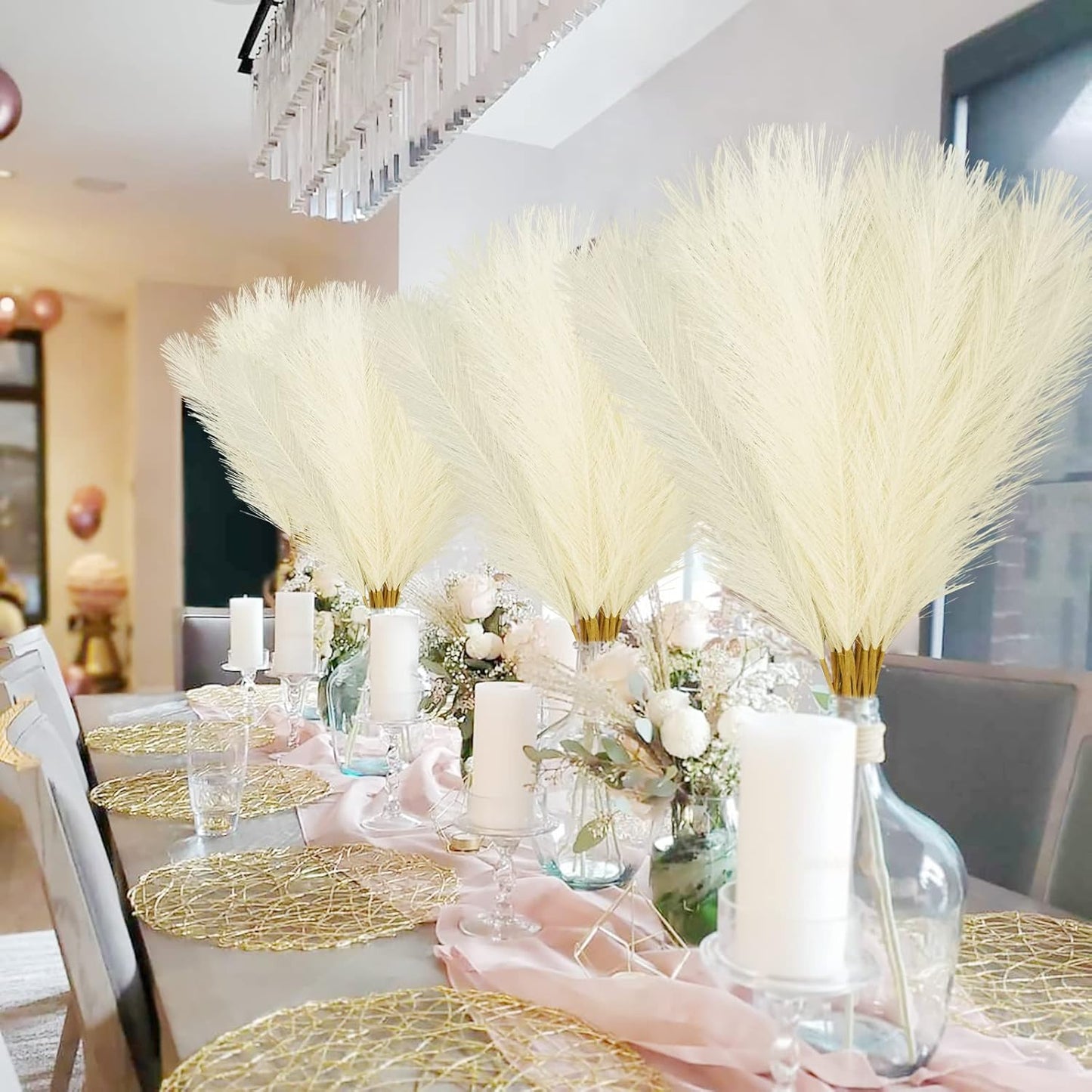 50PCS Faux Pampas Grass, 21.6" Short Artificial Pompous Grass Floral Fake Pompas Grass Branches Vase Filler Flower Arrangement for Home Wedding Boho Decor, Beige