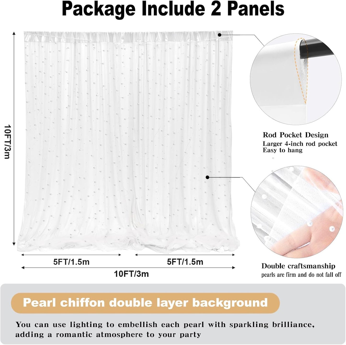 10 * 8FT White Pearl Tulle Double Layered Backdrop Curtain with Lights String and Lining Fabric for Wedding Baby Shower Birthday Parites Photo Decorations