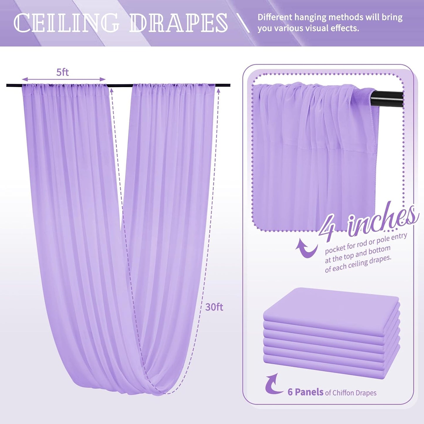 6 Panels Lavender Ceiling Drapes for Wedding 5ftx30ft Chiffon Fabric Arch Draping Curtains Sheer Drapery for Party Ceremony Birthday Baby Shower Reception Stage Swag Ceiling Decorations