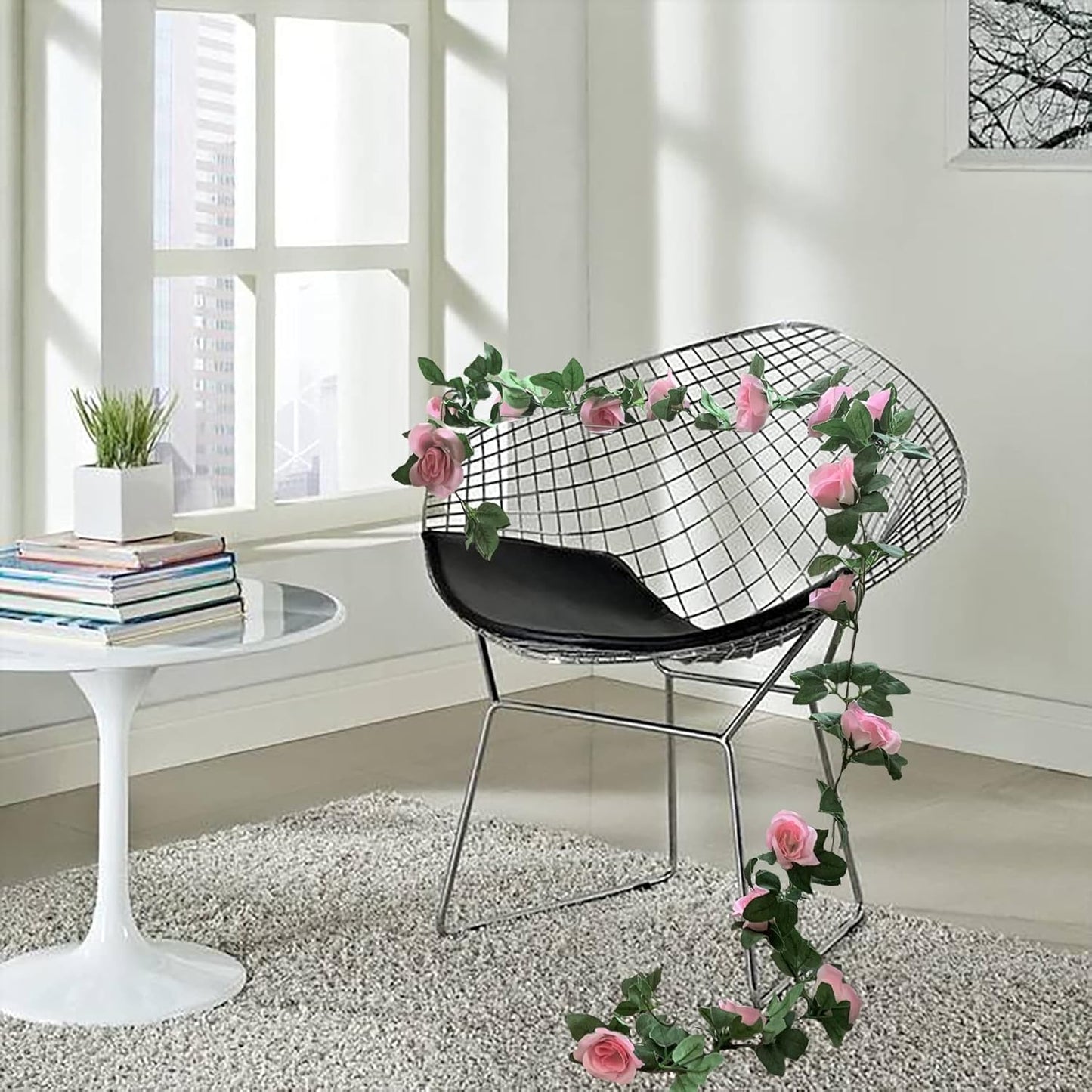 2 Pack Artificial Rose Vine Garland Fake Roses Flowers Plants Vines Hanging Floral Leaves Decoration for Wedding Party Table Garden Arch Wall Home Room Decor(Pink)