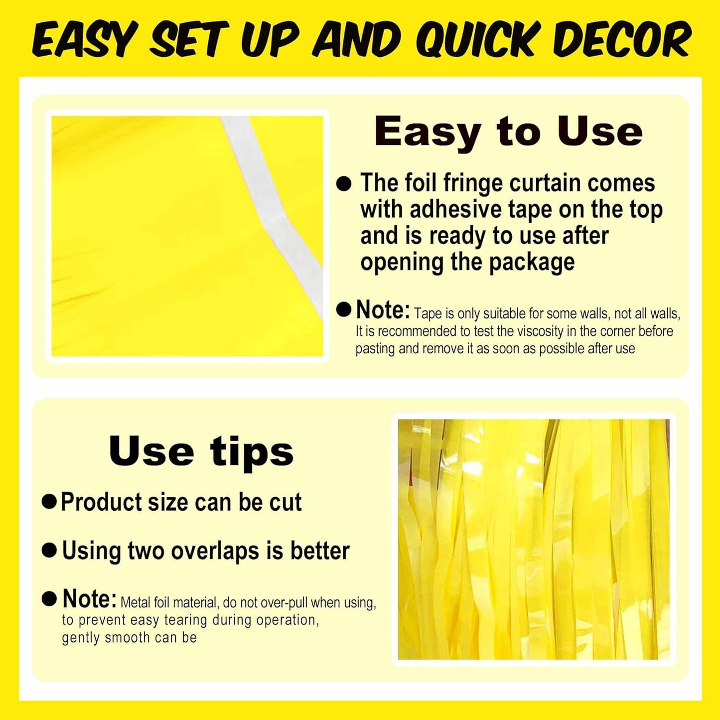 3 Pack Macaron Yellow Foil Fringe Curtains Backdrop, 3.28 x 9.8 Ft Metallic Streamers Tinsel Curtains Background for Photo Booth, Birthday, Halloween, Christmas, New Year Party Decorations