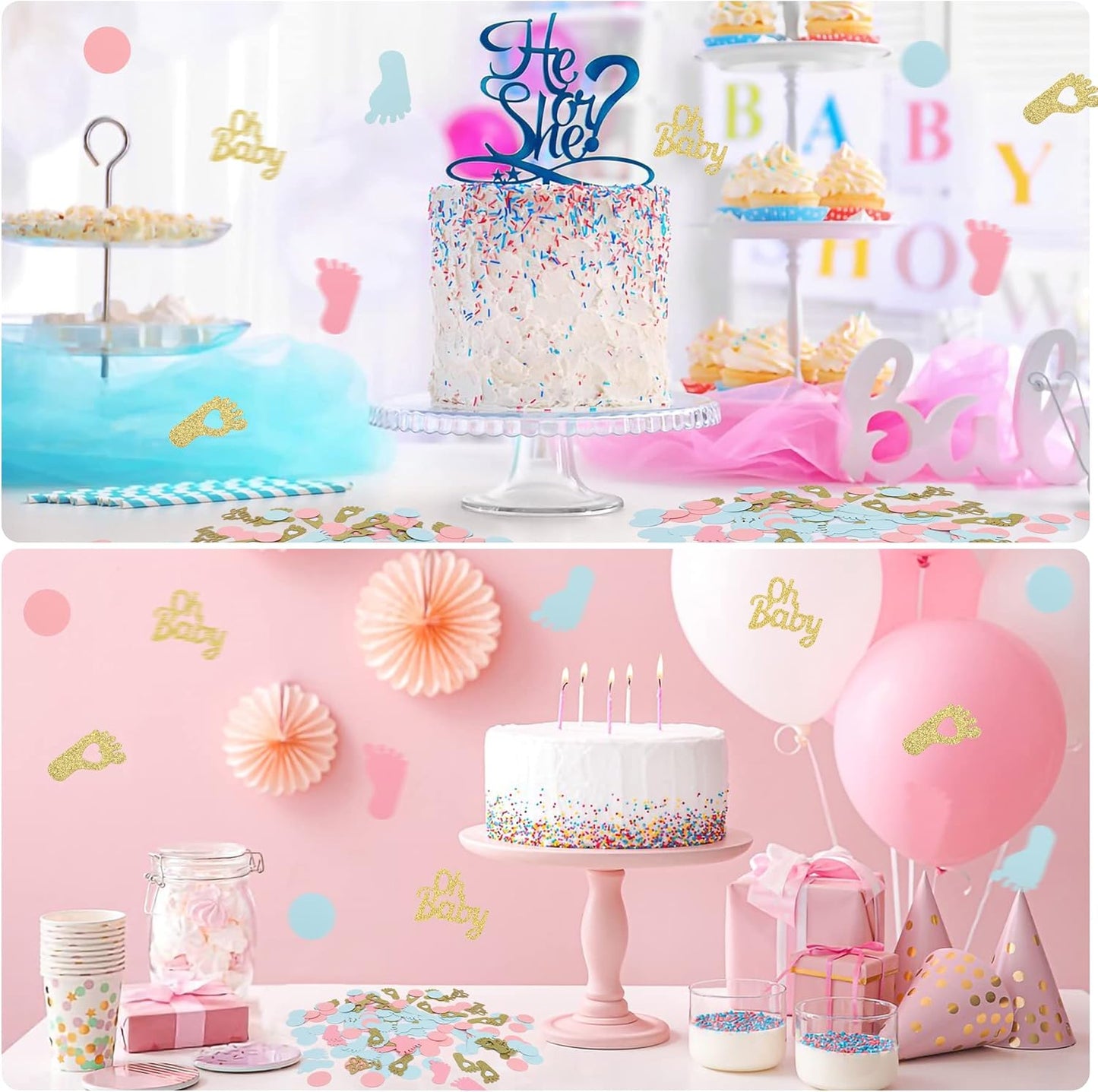 MARFOREVER 350 Pieces Gender Reveal Confetti Baby Shower Decoration Pink Blue Gold Round Glitter Confetti Oh Baby Footprints Table Paper Confetti for Gender Reveal Party Table Wedding Decor