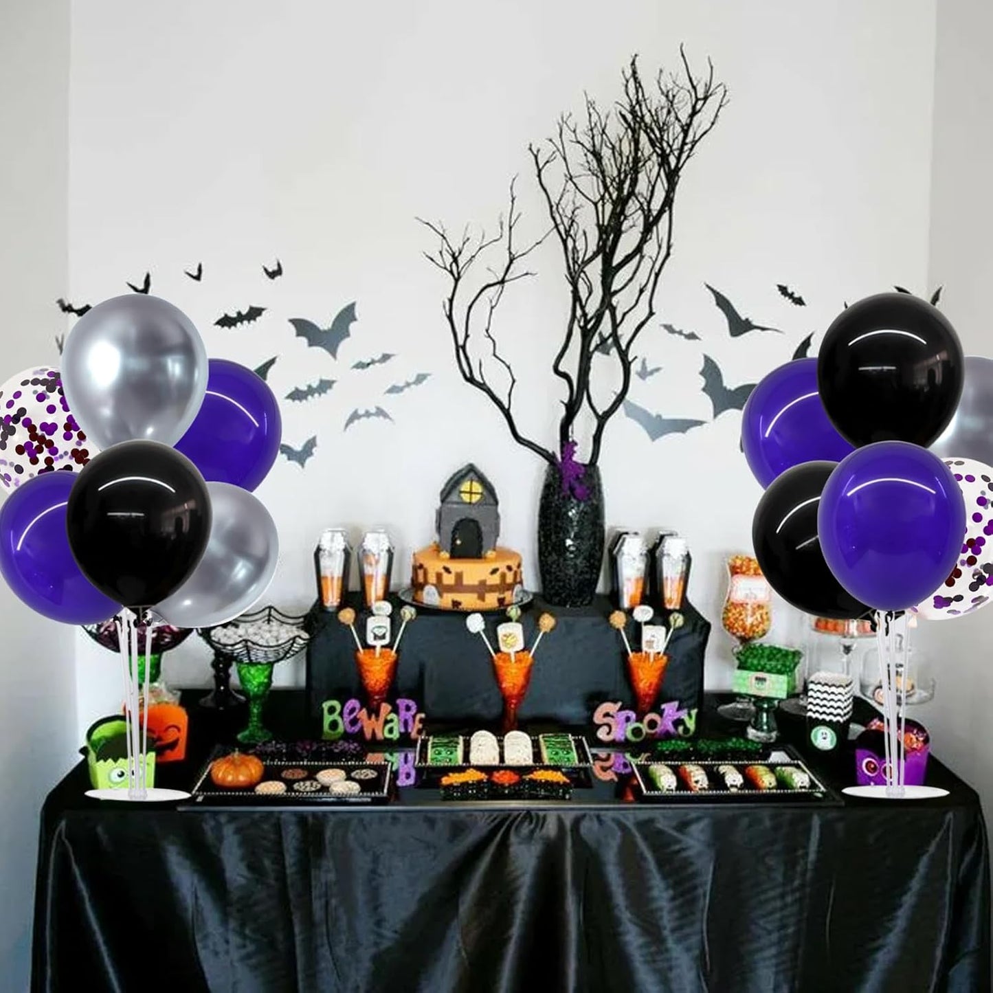 TONIFUL Halloween Balloons Black Silver Purple Confetti Balloons Stand Centerpiece Table Decorations for Birthday,Halloween Party Decoration Bar,Anniversary,Graduation Decoration 2025(4 Set)