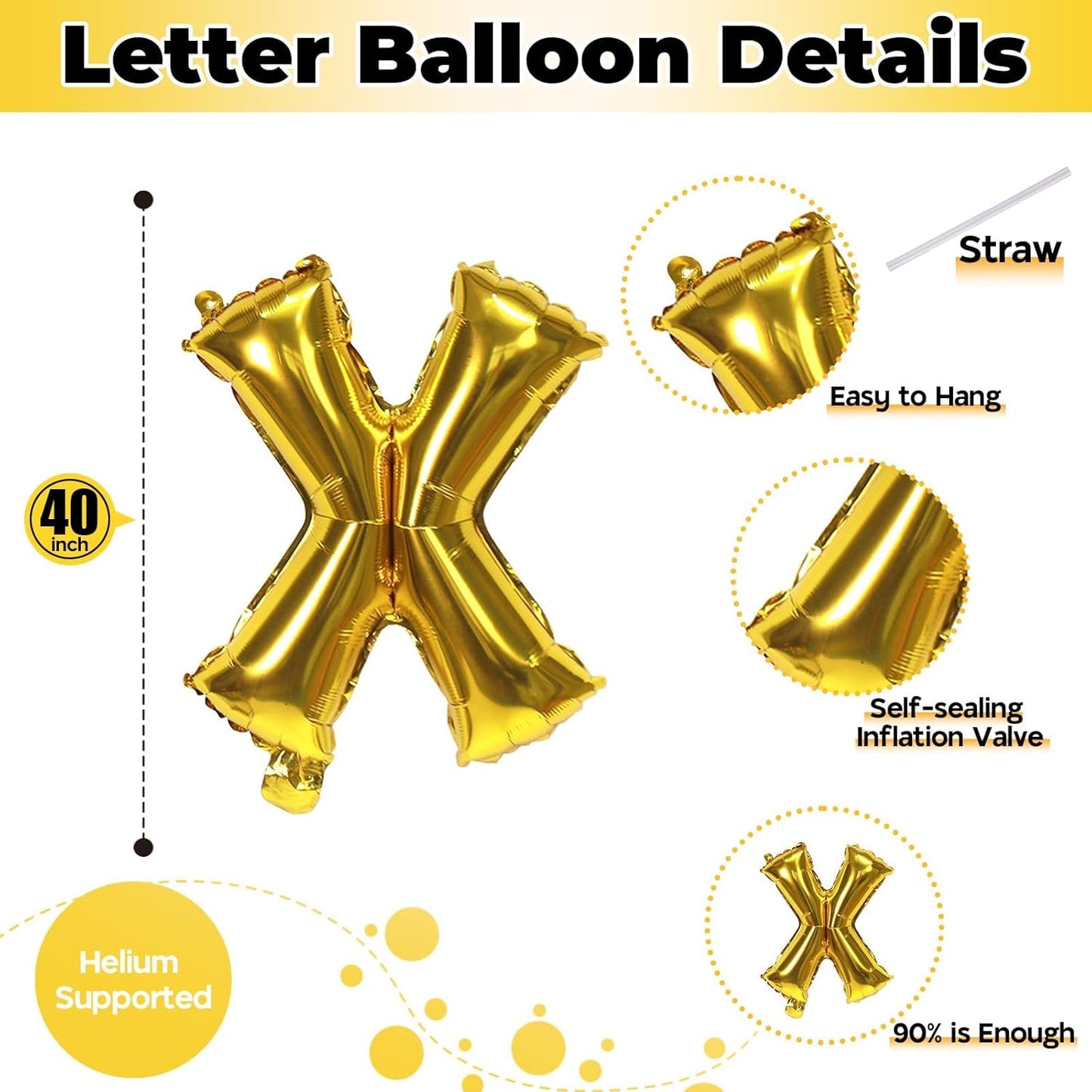 Giant X Alphabet Balloon Letters, Gold Self Inflating Custom Letter Balloons Birthday Decor, 40 Inch Helium Mylar Foil Name Word Balloons for Girls Men Anniversary Party Graduation Decoration Supplies