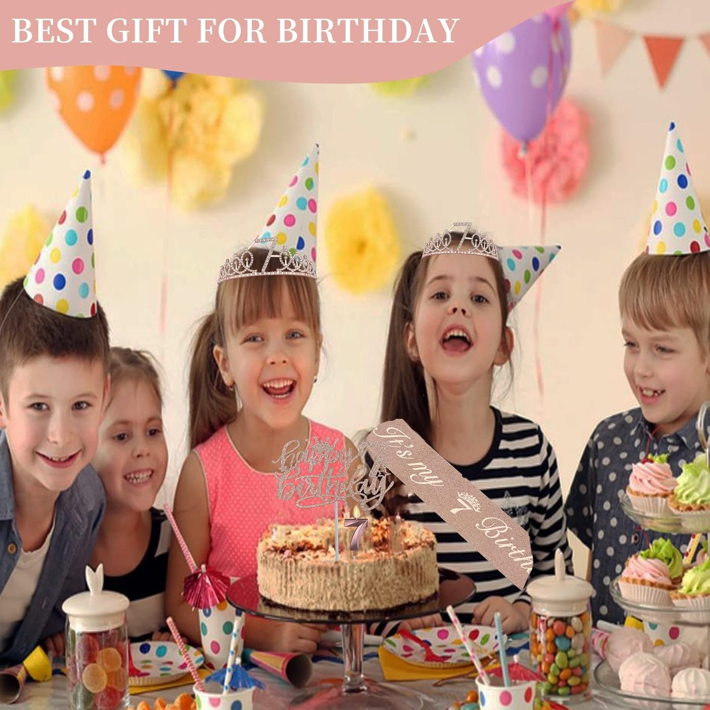 7th Birthday Decorations for Girl with Sash and Tiara, Numeral Candle and Cake Topper, 7 Year Old Birhtday Girls Rose Gold Party Favor Supplies