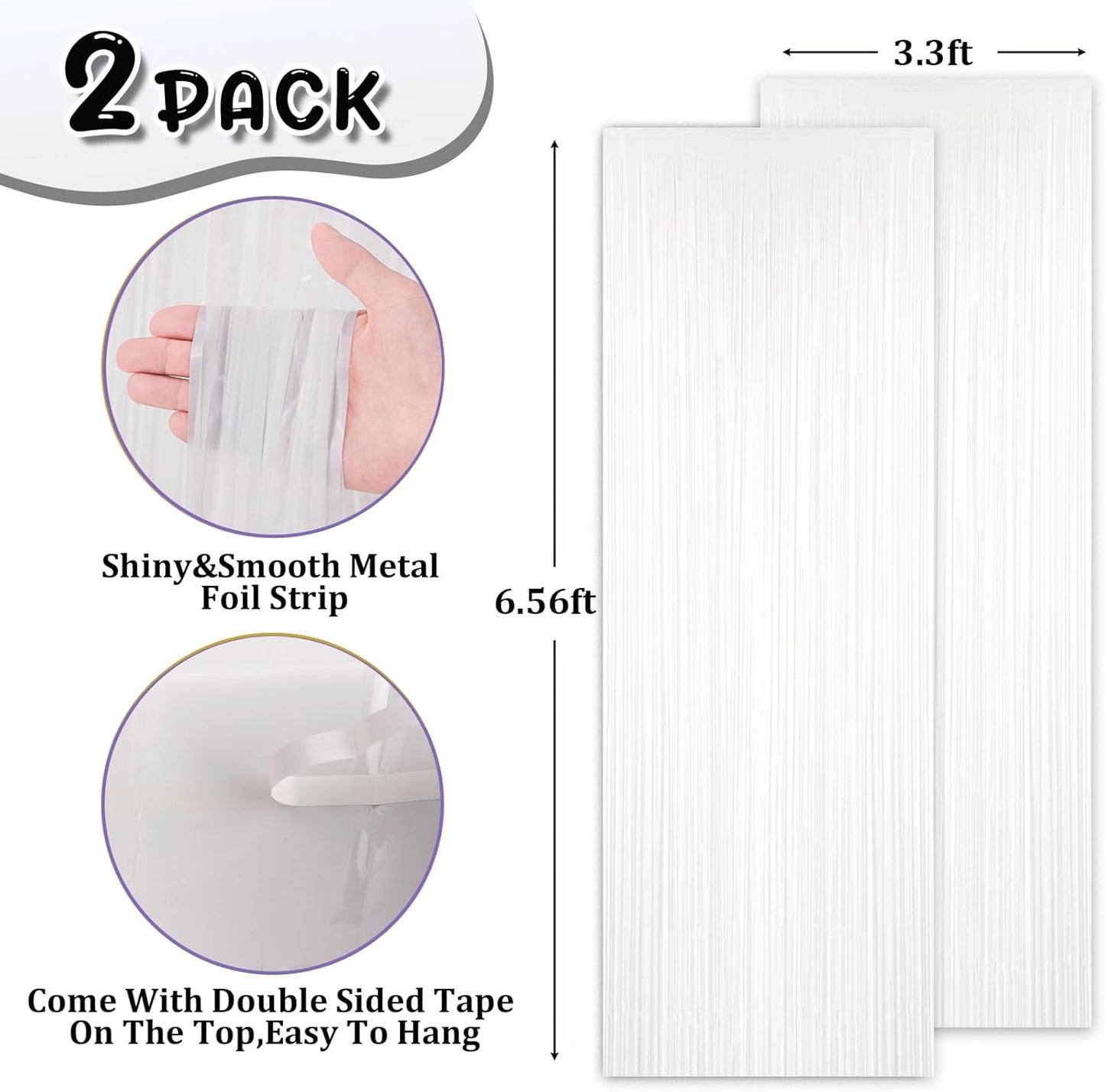 2 Pack White Tinsel Foil Fringe Curtains, White Party Decorations, Metallic Tinsel Party Streamers Backdrop for Birthday Baby Shower Graduation Wedding Anniversary Party Decorations