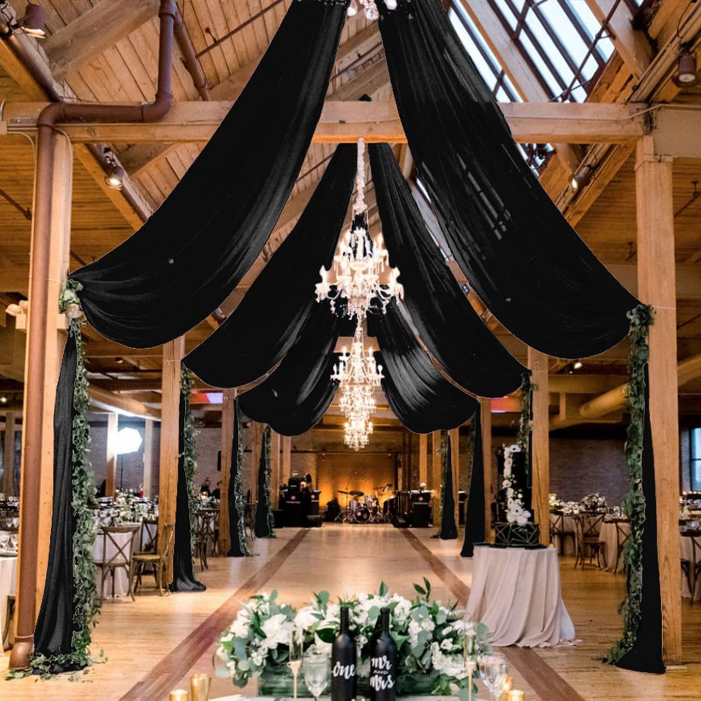 MODFUNS Black Ceiling Drapes for Weddings 2 Panels 5x20 FT Chiffon Wedding Arch Drapes Sheer Curtains Ceiling Decorations Tulle Drapery for Ceremony Archway Draping Fabric for Hallway Tent Stage Party