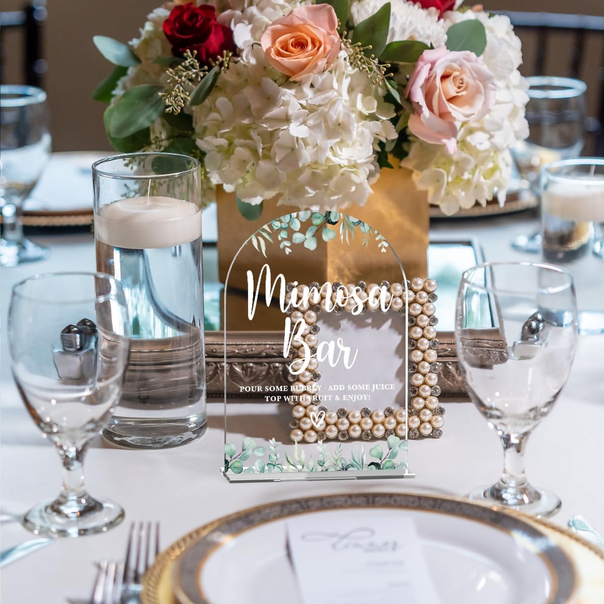 Acrylic Wedding Signs, Bridal Shower Decorations, Mimosa Bar Signs for Reception, Modern Calligraphy Arch Acrylic Table Top Sign for Wedding Reception and Engagement Parties (Clear Eucalyptus Leaves)