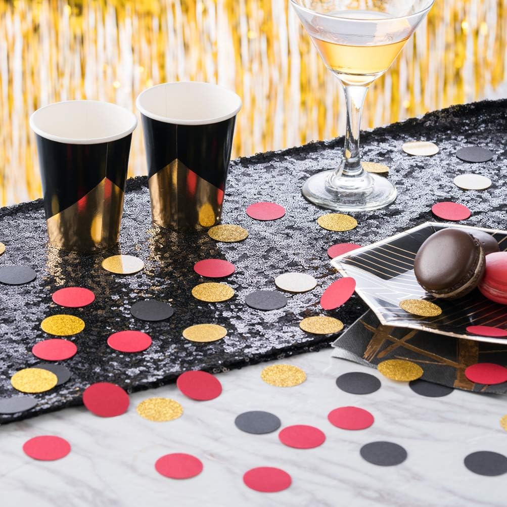 Glitter Confetti Circles Table Decoration and Wedding Party Decoration, 1.2’’ in Diameter (gold glitter, black, red,300pc)