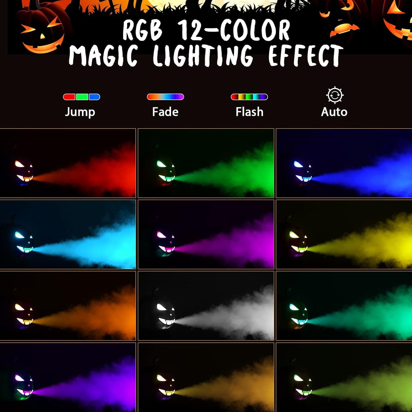 Fog Machine with LED RGB Lights, 800W Halloween Fog Machine with Remote Control, Pumpkin Smoke Machine 12 Colors Lighting Effect for Halloween Band DJ Show Club Outdoor Camping, 4 Pack