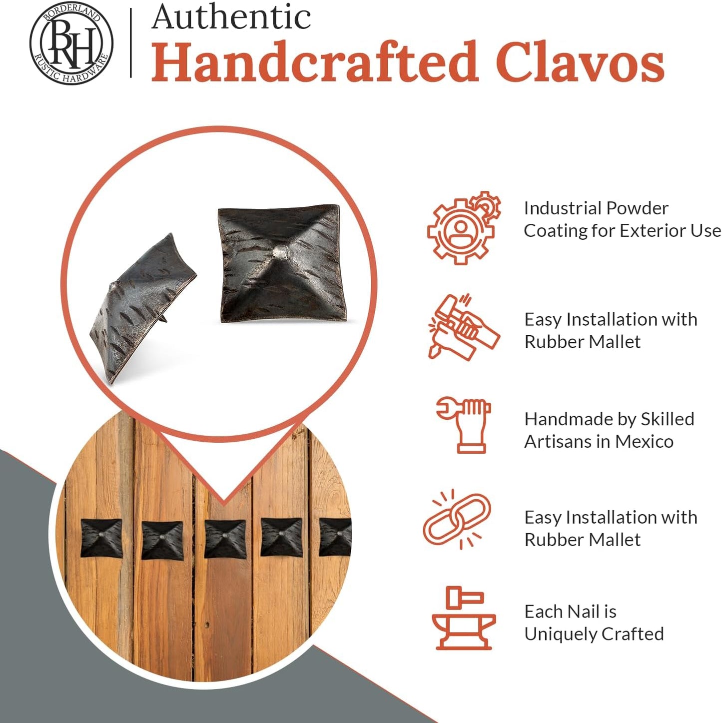 50 Pack 2" Square Head Iron Clavos Decorative Nails – Unfinished – Handmade Rustic Square Fasteners for Farmhouse Shutters, Faux Wood, Barn Doors, Shutters, and Gates – Ornamental Wood Accent