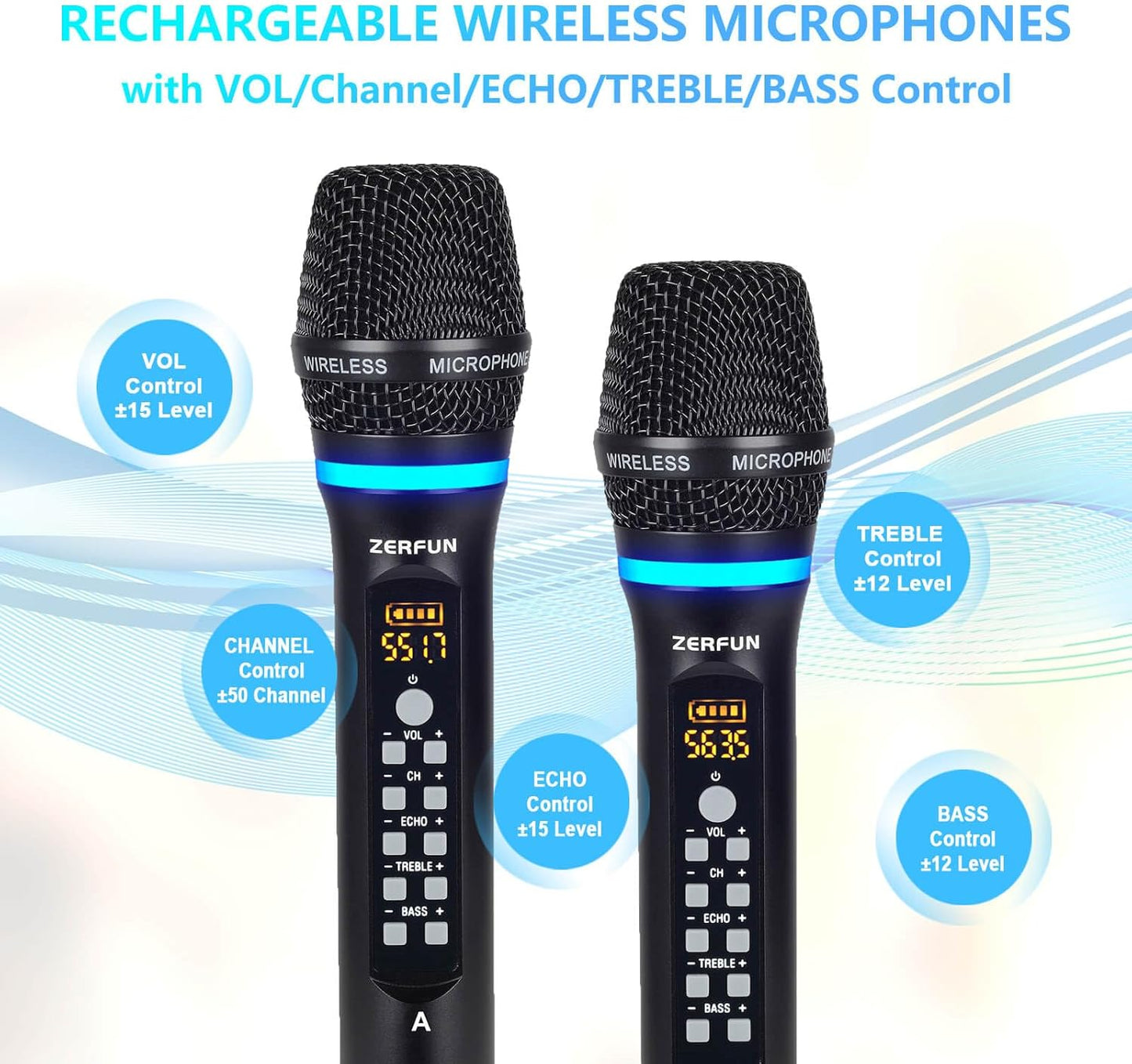 4 Channel Rechargeable Wireless Microphone System, Pro UHF Metal Handheld Wireless Microphones Cordless Mics with Echo Treble BASS VOL Channel Control for Karaoke Singing Church(GT-200)