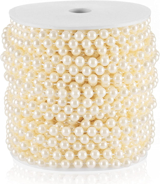 Craft String Pearls 6MM Pearl Bead, 66 Feet Ivory Faux Pearl Garland Spool Roll Strand Wedding Party Decoration, Christmas Tree Decorations