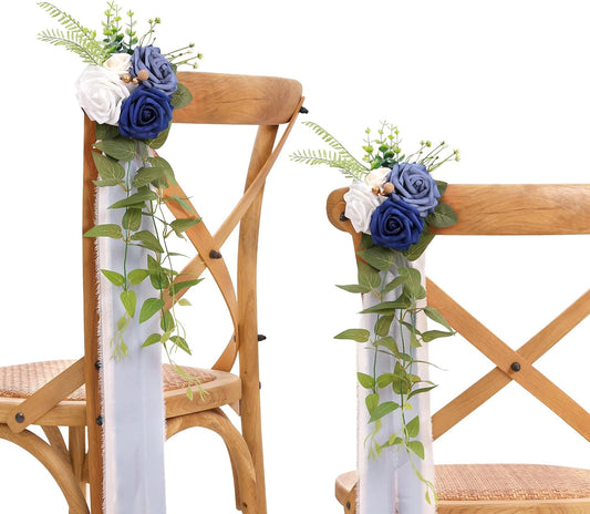 DORIS HOME Wedding Chair Decorations Blue Pew Flowers Set of 10 for Wedding Ceremony Party Aisle Decor with Artificial Flowers Eucalyptus and Ribbons