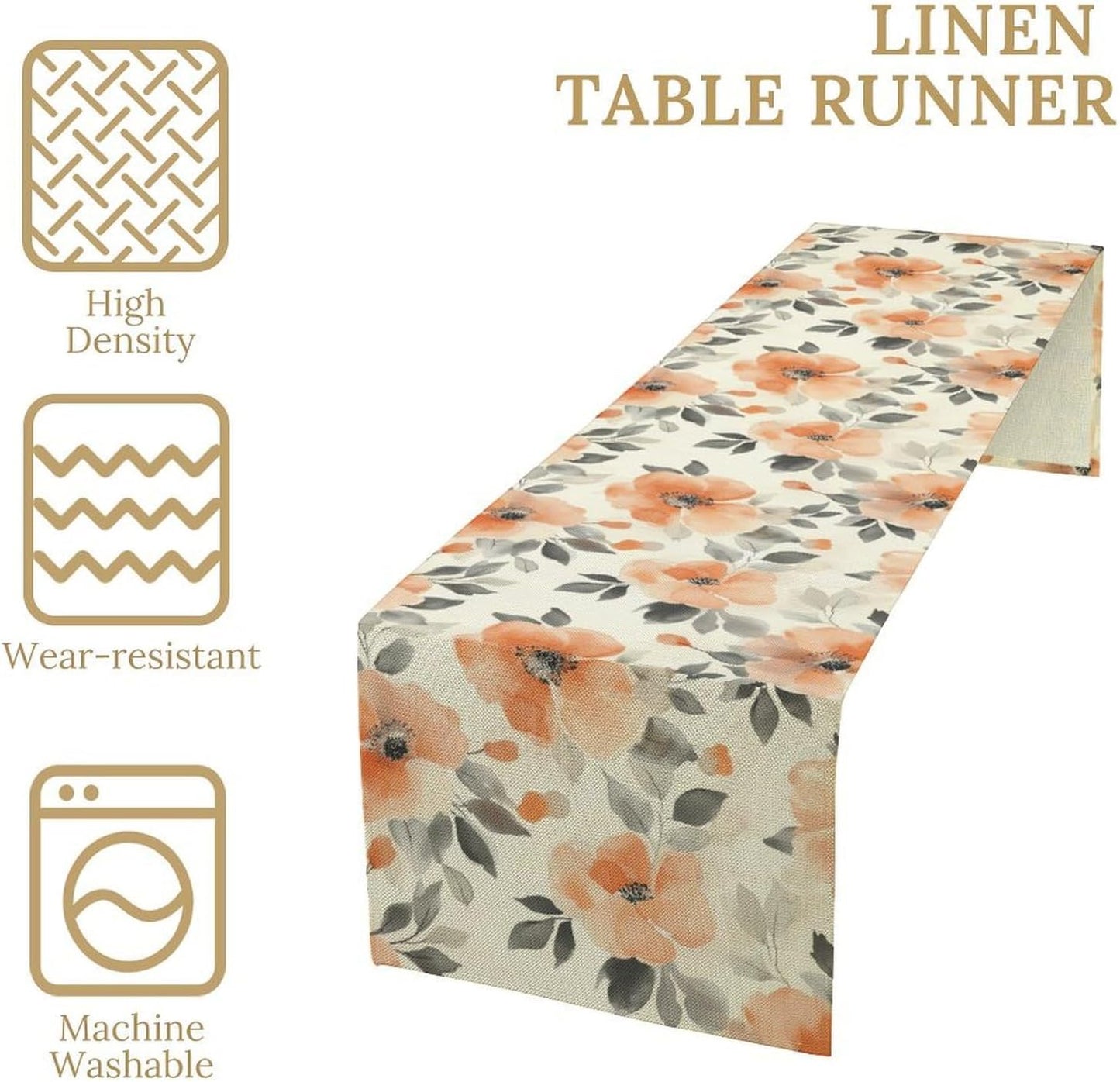 Floral Fall Table Runner, Rustic Watercolor Orange Flowers Seasonal Summer Autumn Table Runner for Kitchen Dinning Table Runner Decor Home Wedding Party Holiday, 13x120 Inch
