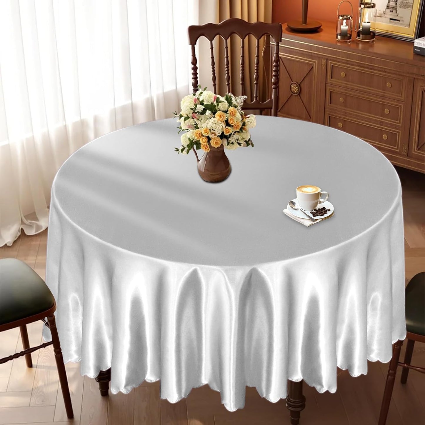 KKJIAF 1 Pack Round Table Cloths 90 Inch, Silver Overlay Round Satin Table Cover, Silky Satin Dining Tablecloths for Wedding Buffet Parties Banquet Decoration
