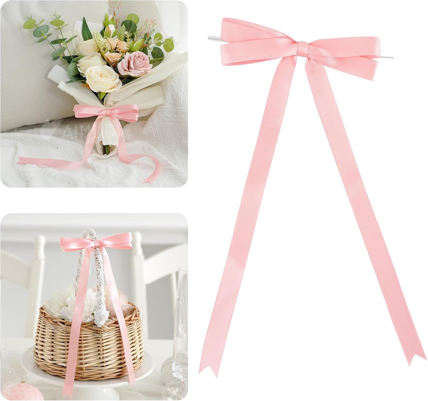 AIMUDI Baby Pink Bows 5 × 10" Satin Bows for Gift Wrapping Twist Tie Bows Premade Ribbon Bows for Bouquets Invitations Baskets Crafts Wreaths Wedding Birthday Baby Shower Party Decorations, 36 PCs