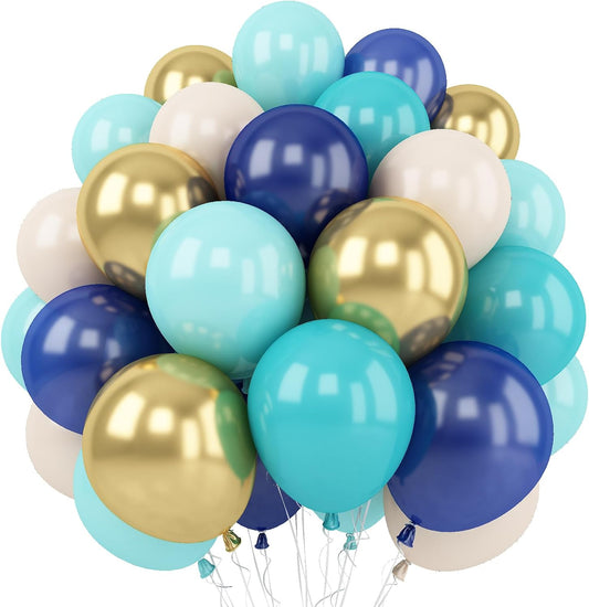 Togvu Balloon Teal and Gold, 60 Packs 12 Inch Teal Mint Green Metallic Chrome Gold and Navy Blue Balloons for Baby Shower Birthday Anniversary Communion Wedding Graduation Decorations