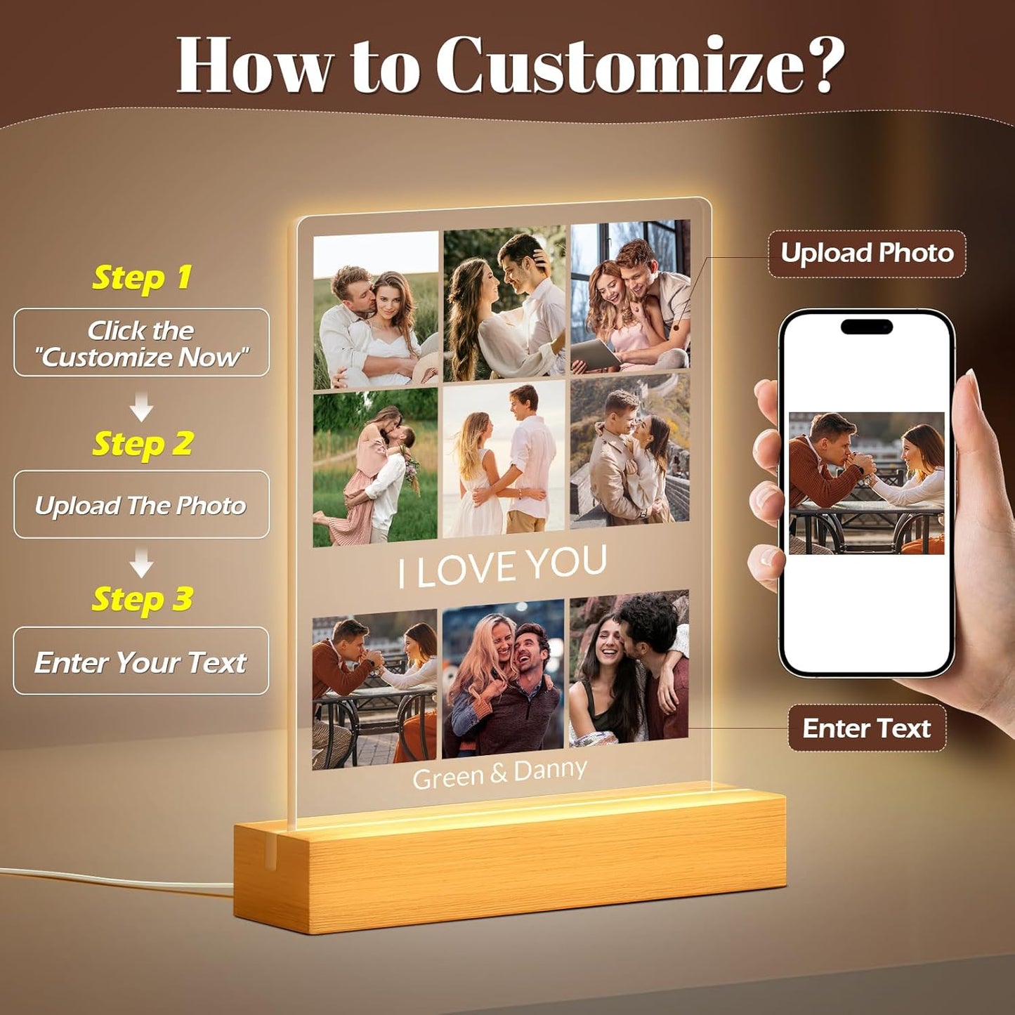 Custom Picture Frames with Photo, Personalized Photo Frame with Night Light, Customized Picture Frame, Personalized Anniversary Birthday Gifts for Women, Men, Him, Her, Girlfriend, Boyfriend, Couple