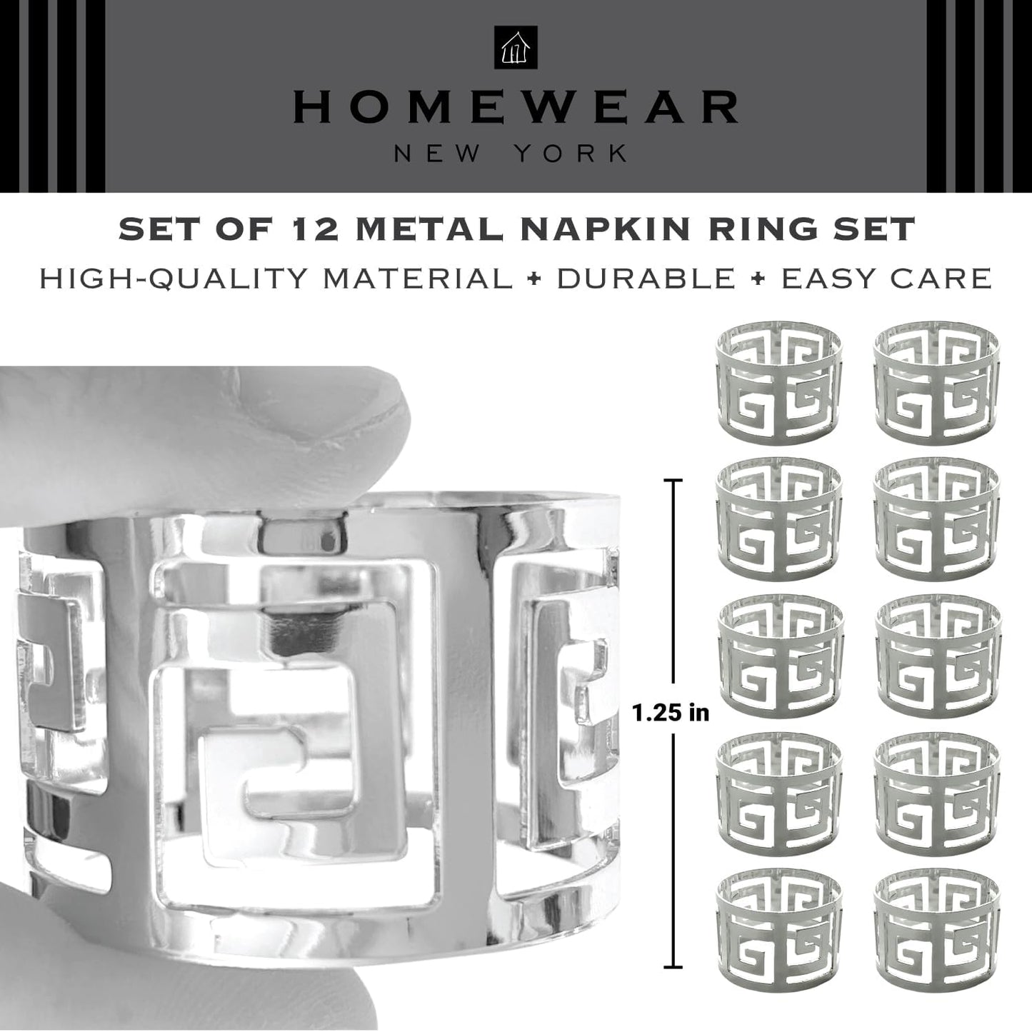 Shiny Silver Napkin Rings Set of 12, Greek Key Round, Modern Cuff Design for Wedding Party Decorations, Kitchen, Holiday Table,Rust Proof,Hotel, Home,Iron, Table Accessories for Dining,Gift