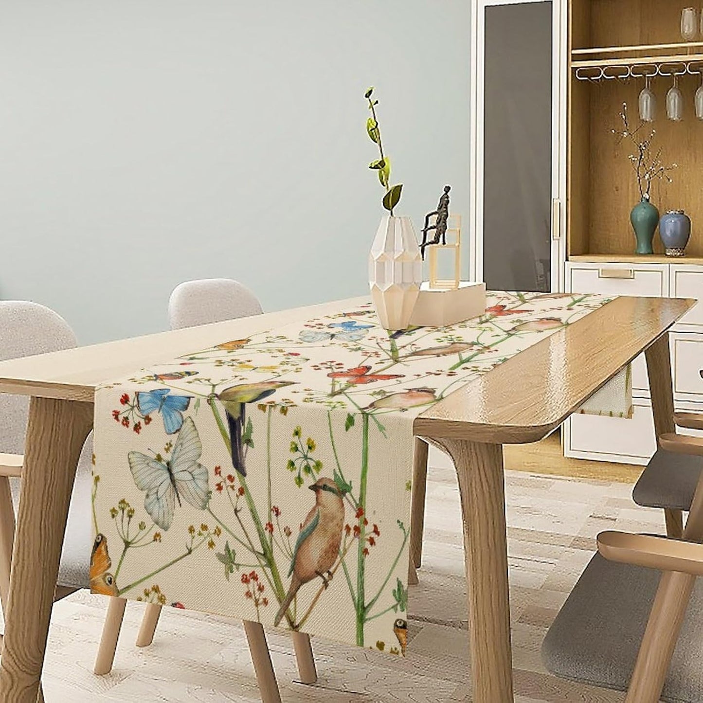 Brown Bird Floral Table Runner Spring Flower Kitchen Table Decoration Suitable for Family Dinner Decoration 13x108 Inch